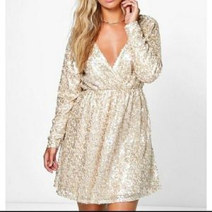 Boohoo PlusGold Sequins surplice dress